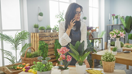 A mature woman florist arranging plants indoors while talking on a phone in a flower shop full of...