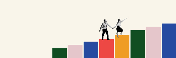 Banner. Contemporary art collage. Two people holding hands and go up on colorful columns, graph as on career ladder. Concept of partnership, business acquisition, deal, cooperation, teamwork, contract