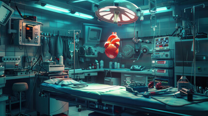Heart surgery scene in an operating theater, with detailed medical instruments.