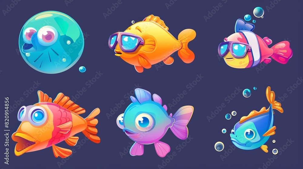 Poster interface for underwater game featuring fish slot. match 3 element with button cute cartoon modern m
