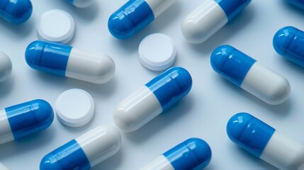 Blue and white capsules on clean white background medical theme.