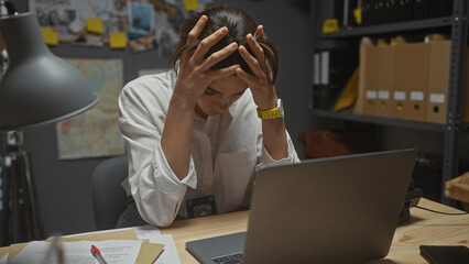 A stressed woman detective sits at her office desk surrounded by case evidence, looking tired and...