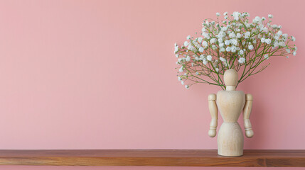 Vase with gypsophila flowers and wooden mannequin on s