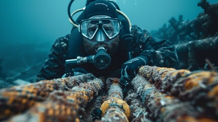 Close-up of an engineer adjusting underwater fiber optic cable connections