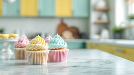 Three cupcakes with pastel pink, yellow, and blue frosting sit on a marble countertop in a bright kitchen