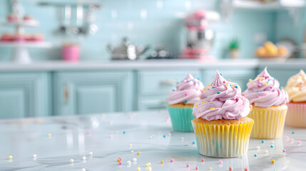 Three cupcakes with pastel frosting and colorful sprinkles sit on a marble countertop in a bright, pastel-colored kitchen