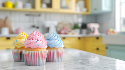 Three cupcakes with pastel frosting and colorful sprinkles sit on a marble counter in a bright, retro kitchen