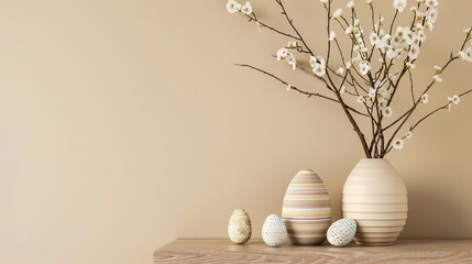 Vase with tree branches and Easter eggs on shelf near
