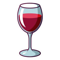 A cartoon illustration of a wine glass filled with red wine on display