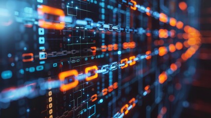 Fototapeta premium Detailed view of blockchain connections overlaid with cybersecurity measures and financial growth charts