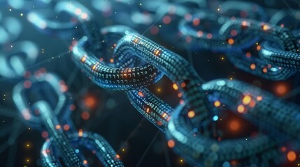 Detailed view of blockchain connections overlaid with cybersecurity measures and financial growth charts