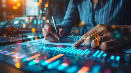 Analyst working on financial data with a digital graph overlay, showcasing data analysis, business strategy, and modern technology.