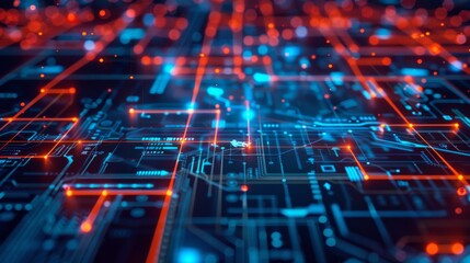 Detailed view of blockchain connections overlaid with transportation logistics and digital signal pathways