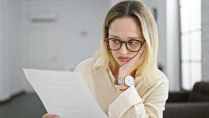 Young blonde woman business worker reading document looking upset at the office