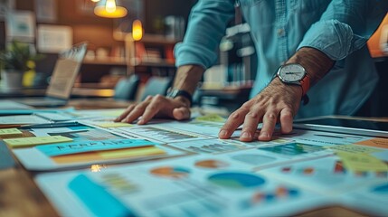 Business professional analyzing data on charts and graphs laid out on a table under warm office lighting, highlighting teamwork and strategy.