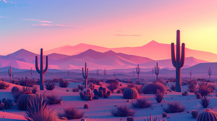 Obraz premium Peaceful desert landscape at sunset with cacti and mountains.