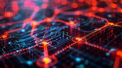 Fototapeta premium Detailed view of blockchain nodes overlaid with encryption symbols and cybersecurity graphs