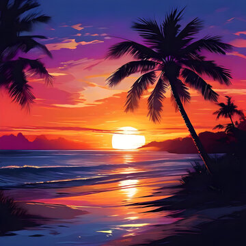 Sch&ouml;ner Sonnenuntergang am Strand mit einem buntem Himmel 