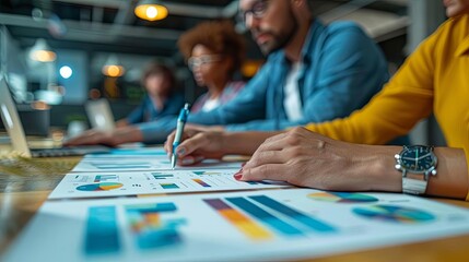 Fototapeta premium Business team analyzing financial data and charts in a modern office setting, focusing on teamwork and collaboration.