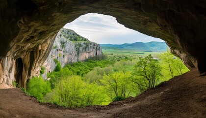 beautiful view of the green plants captured from the dark cave in spring