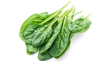 Fresh green spinach leaves displayed against a pristine white background, packed with iron and essential nutrients for a healthy diet.