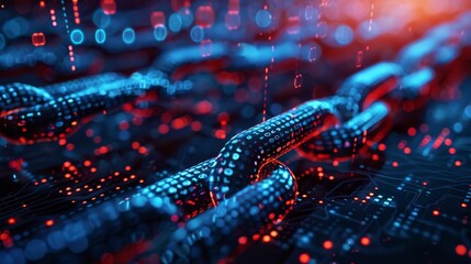 Detailed view of blockchain technology overlaid with digital security locks and market analysis