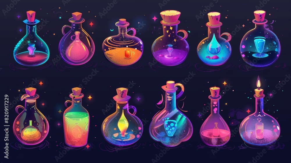 Aufkleber alchemist's flask for fluid elixir or antidote sprite sheet. fantasy alchemy illustration set for wi