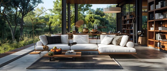 Modern House - A luxury living room with a large sectional sofa overlooking lush greenery through floor-to-ceiling windows, complemented by stylish furnishings like a wooden coffee table, lamp, and bo
