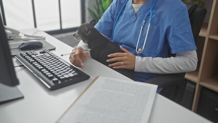 A woman veterinarian examines a chihuahua in a clinic office, showcasing care, profession, and a pet-friendly environment.