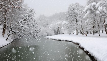 winter scene with river at snowfall
