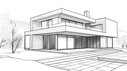 Single minimalist architectural line drawing of a modern house.