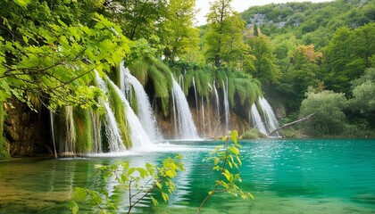 water tumbling over greenery into pond in croatia