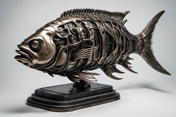 Mechanical bronze fish figurine. Digital illustration.