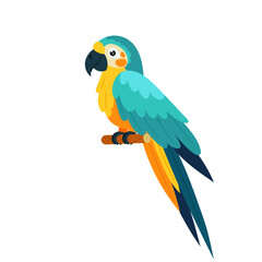 Yellow-blue parrot in flat style. Colorful exotic bird on a white background. A tropical parrot sits on a perch.
