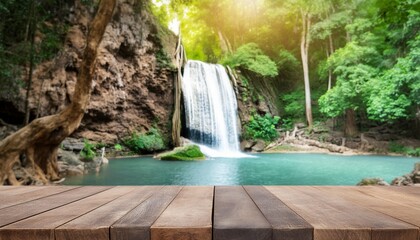 wood table top podium in outdoors waterfall green lush tropical forest nature background organic healthy natural product present placement pedestal counter display website banner cover jungle concept