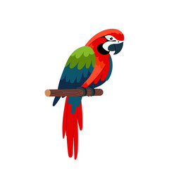 Red parrot in flat style. Colorful tropical bird on a white background.