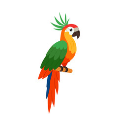 Green-red parrot in flat style. Colorful tropical bird on a white background. A tropical parrot with crest sits on a perch.