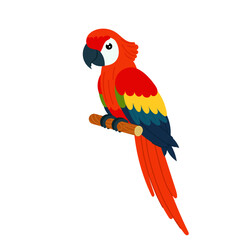Red parrot in flat style. Colorful tropical bird on a white background. A tropical parakeet sits on a perch.