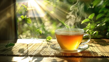 In the sunlit garden, a steaming cup of tea awaits, offering warmth and comfort amidst nature's beauty.