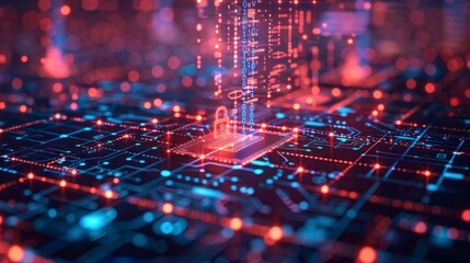 Double exposure of a blockchain network overlaid with a digital padlock and cybersecurity matrix