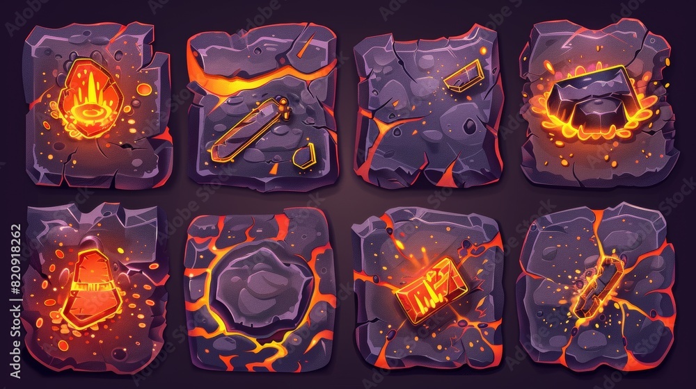 Poster volcano board with lava texture game interface modern. icon collection for ancient menu design. magm