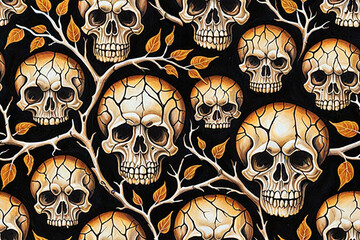 Skulls intertwined with tree branches. Seamless pattern. Digital illustration.