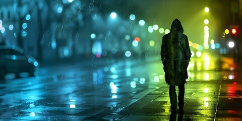 Mysterious figure in tattered coat disappears into rainy city streets at night. Concept Mystery, Detective, Noir, Rainy Night, Cityscape