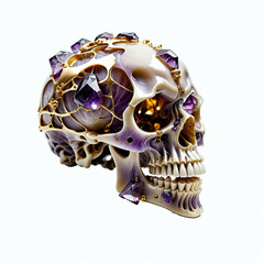 Skull made of amethyst. Isolated on white background. Side view, Digital illustration.