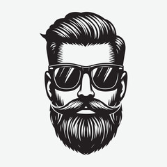 Front view of Man face in Beard, Sunglasses Fashionable hair vector illustration silhouette