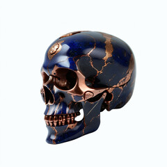 Skull made of lapis lazuli and metal. Isolated on white background. Side view, Digital illustration.