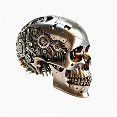 Metallic Steampunk skull. Isolated on white background. Side view, Digital illustration.