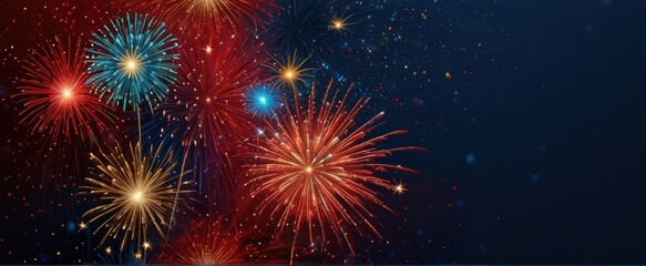 Fototapeta premium abstract Red, gold and blue glitter background with fireworks. Christmas eve, 4th of July holiday concept