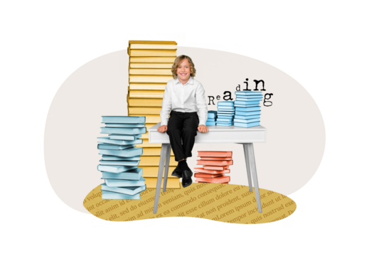 Poster banner collage of smart a grade student boy enjoying pile stack textbooks in classroom
