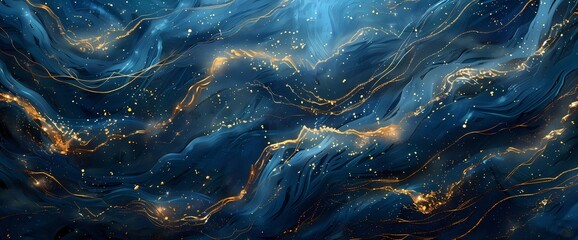 Golden tendrils cascading through a surreal canvas of midnight black and deep indigo.